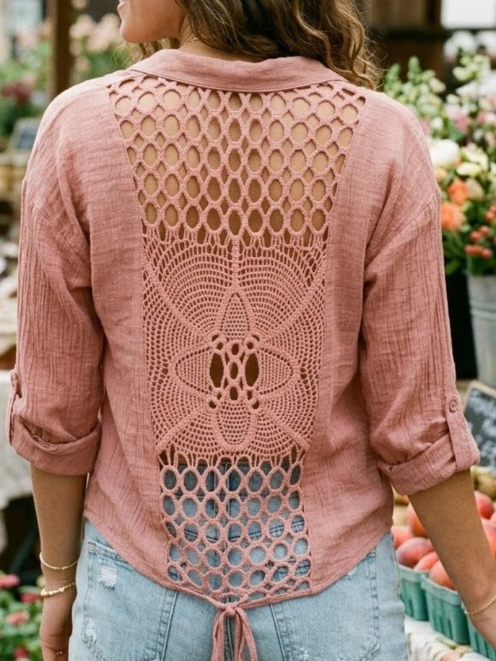 Mine Women's Crochet Back Semi Sheer Top Blouse Size S Roll-up Sleeves